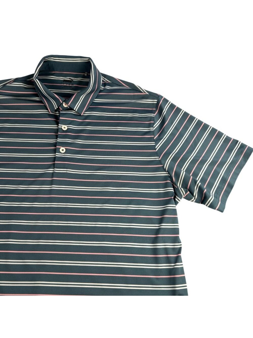 Puma Golf Polo Mens XL Gray Pink White Striped Stretch Performance Cooling Light